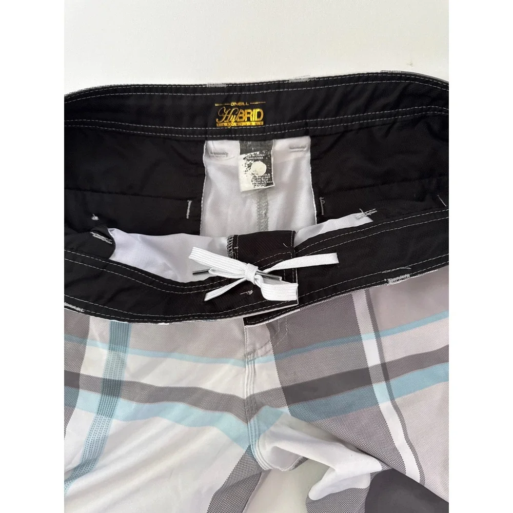 ONeill Hybrid Board Shorts Mens Grey Blue Plaid Swim Trunks 12106508P